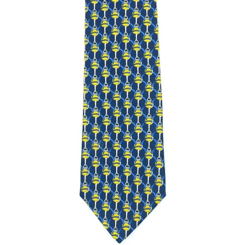BROOKS BROTHERS MAKERS All Silk Equestrian Motif Blue Yellow Necktie Made in USA